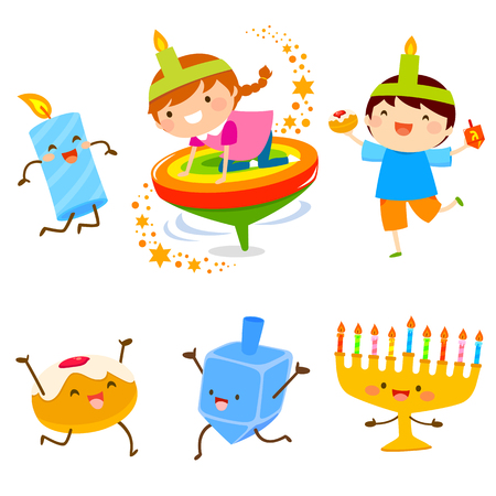 Set of cartoon children and Hanukkah symbolsのイラスト素材