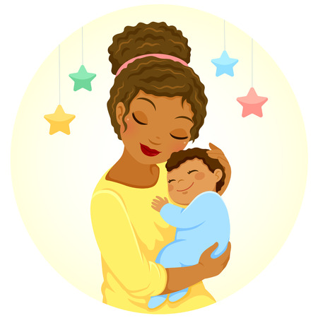 Young mother of black ethnicity hugging a smiling baby boyのイラスト素材