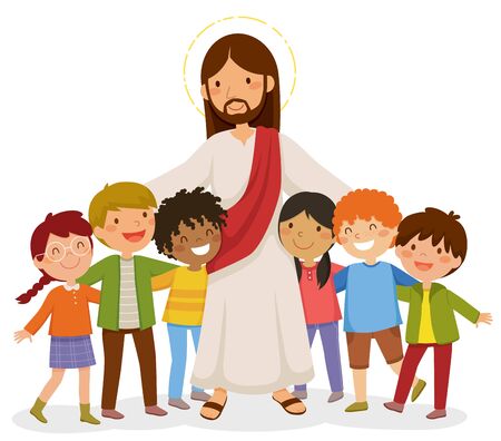 Cartoon Jesus standing and hugging happy kidsのイラスト素材