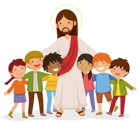 Cartoon Jesus standing and hugging happy kids