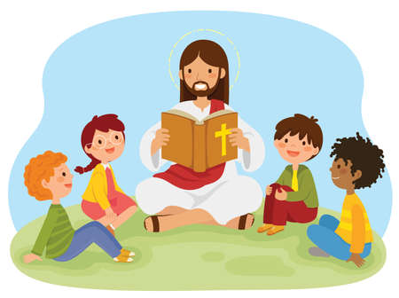 Jesus Christ reading the bible book to kids sitting on the grass.のイラスト素材