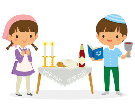Jewish Kids doing the Shabbat ceremony. The Hebrew text says Shabbat Shalom, or Shabbat of peace.のイラスト素材