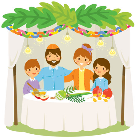 Jewish family celebrating Sukkot in the traditional booth with symbols of the holiday.のイラスト素材