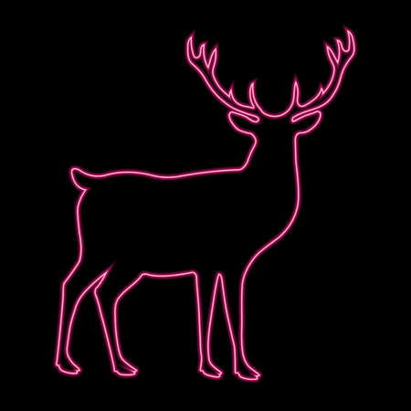 Deer neon silhouette isolated on black background. Wild animals, cute mammals.のイラスト素材