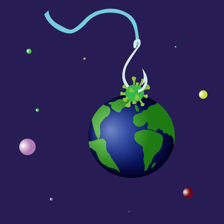Global Pandemic. Coronavirus on the planet. Planet Earth hooked the COVID-19 virus.のイラスト素材