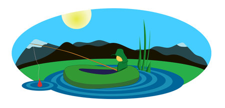 Fisherman in a boat on a background of mountains. A man is sitting in a boat and fishing with a fishing rod. Mountain landscape in the background.のイラスト素材