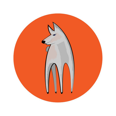 Logo gray dog on a background of an circle. Cartoon funny gray wolf stands with his head turned.のイラスト素材