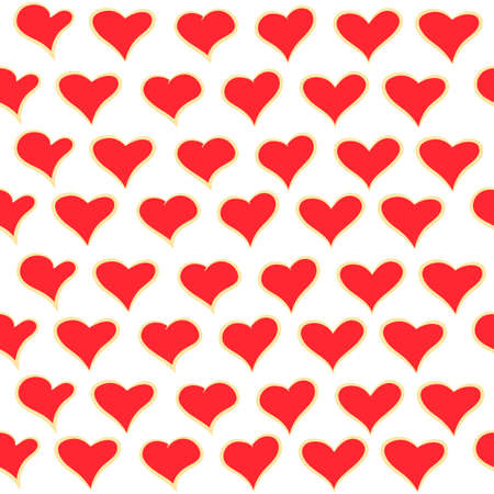 Freehand drawing of red hearts with gold outline on a white background. Seamless pattern for...