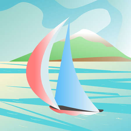 Yacht on the background of a green island. Colorful vector illustration, seascape, tropical vacation.のイラスト素材