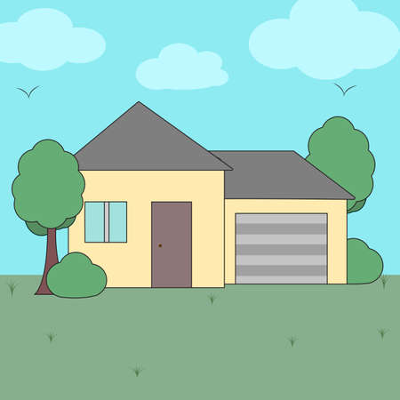 Beautiful colorful illustration, country house with a garage. Green trees, bushes. Rural life.のイラスト素材