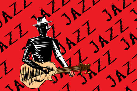 Jazz guitarist. Musician playing the guitar isolated on a red background with the inscription. Jazz theme.のイラスト素材