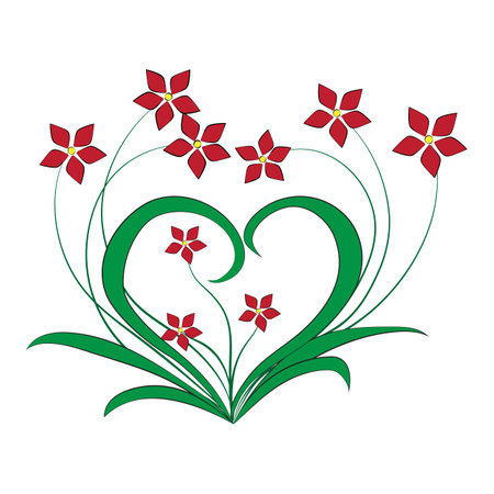 Beautiful flower with red petals and green leaves in the shape of a heart isolated on white background.のイラスト素材