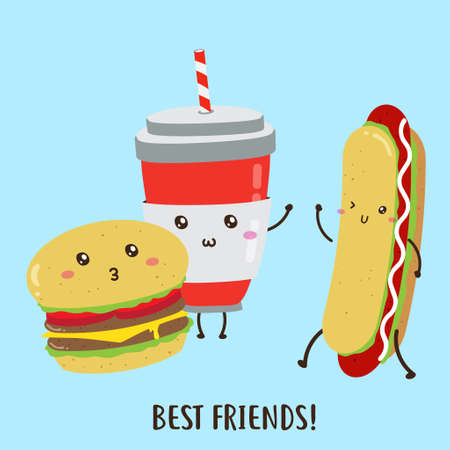 Cute happy delicious burgers, hot dog, drinks vector design, can be use to make posterのイラスト素材
