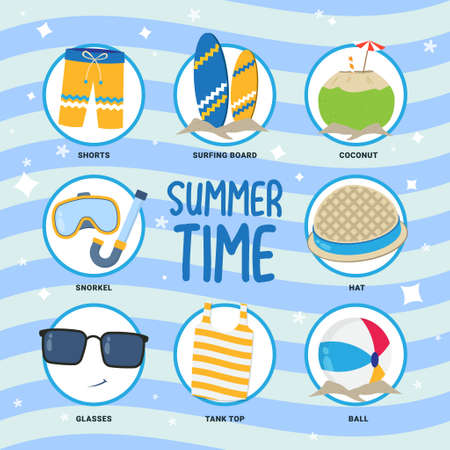 Set of summer time icons vector design with wave backgroundのイラスト素材