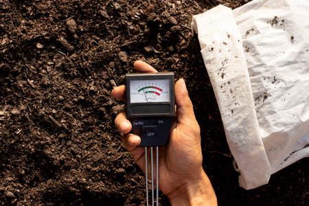 Soil quality meter in the hands of a man who is checking the soil for planting.の写真素材