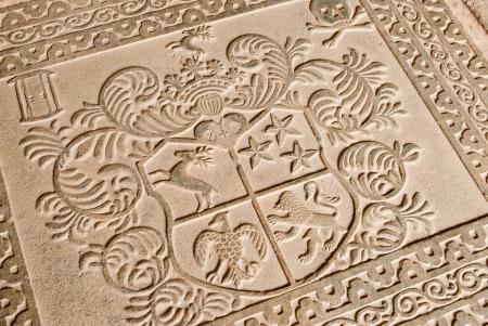 Engraved stone in an ancient churchの写真素材