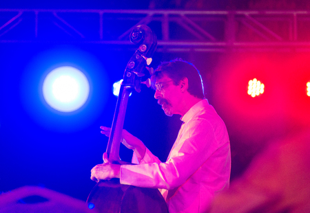 Bangalore, India - February 10, 2018: American musician Ritt Henn plays bass as he performs onstage...