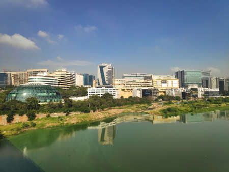 Cityscape of Hi Tech City in Hyderabad from the new bridge connecting old and new parts of the capital city in Telangana state, Indiaの写真素材