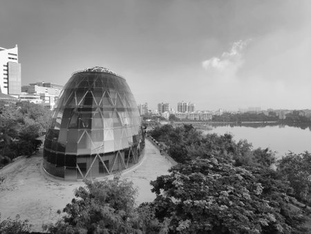 Cityscape of Hi Tech City in Hyderabad from the new bridge connecting old and new parts of the capital city in Telangana state, India - mono black and white imageの写真素材