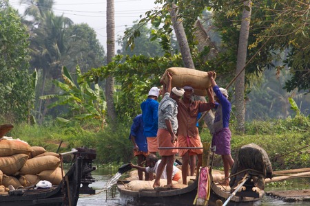 ALLEPPEY, KERALA, INDIA, MARCH 31, 2015: Some men transport, overload, put on them head dwell of riceのeditorial素材