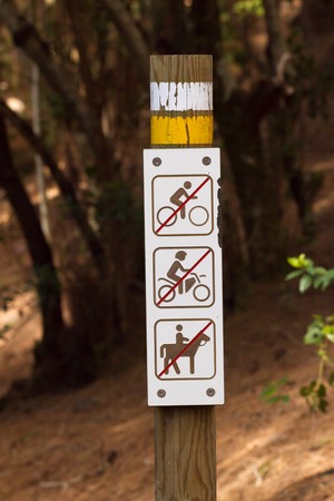 Europe dirt road in pine forest with sign limiting enter by bicycle, horseback, motorcycle. On foot...
