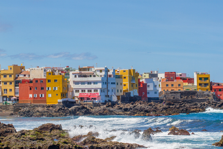 Detail scenic view of colorful houses in Tenerife, Spain. Seaside, Atlantic oceanの写真素材