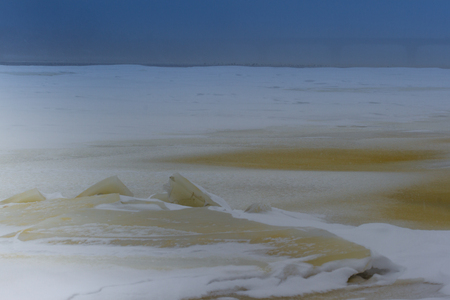 Winter landscape. Composition of nature. Colored frozen river Dniepro in Kiev, Ukraine.の写真素材