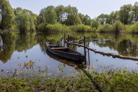 Wooden boat at village places in the floodplain forests of the Desna river, Ukraine. Landscape viewの写真素材