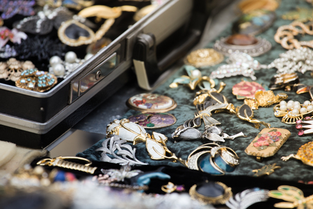 Collection of retro brooches at the flee marketの写真素材