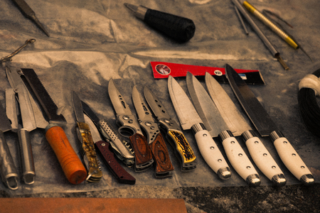 Set of the different knives on the flea market. Utensil knife at the flee market, soviet collection. Vintageの写真素材