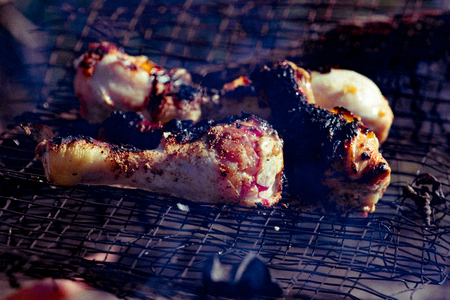 Summer chicken. Part legs grilled on picnic time. Roasted meatの写真素材