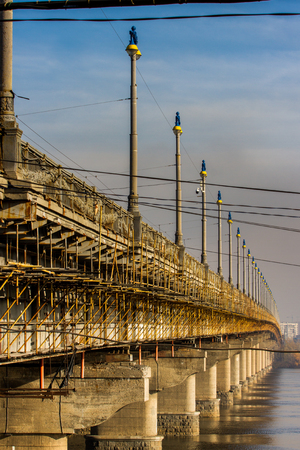 maintenance of Paton bridge across the Dnepr river. Kiev, Ukraineの写真素材