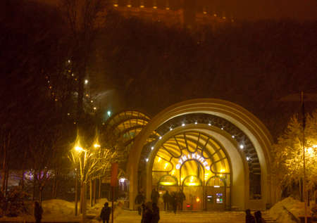 Kiev Funicular at night, winter snow storm.の写真素材
