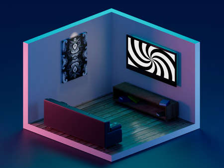3d isometric render room illustration. Strange room interior. Hypnotizing TV. Background for landing...