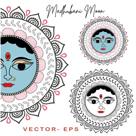 Madhubani Moon a symbol of fertility and prosperity in Madhubani paintings - Moon God - Hand-Drawn Madhubani Moonのイラスト素材