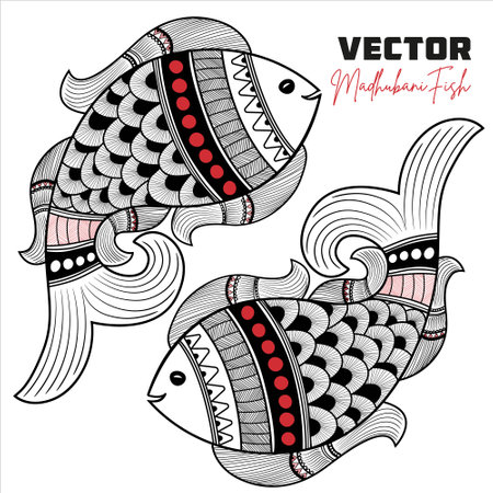 Madhubani Fish a symbol of fertility and prosperity in Madhubani paintings, vector, Illustrationのイラスト素材