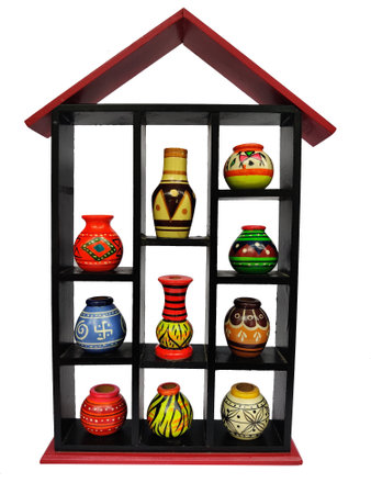 Decorative Hut Shaped Wall shelf with 10 elegant miniature pots, Showpiece facing Straight, Wall hanging, Handicraft, India.の写真素材