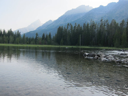 Lovely view of lake with mountain backdropの写真素材