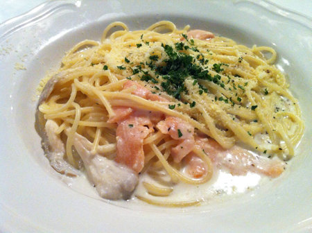 A tasty plate of spaghetti with pan seared salmon and mushroomsの素材