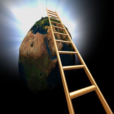 ladder to go up 3d earth in black spaceの写真素材