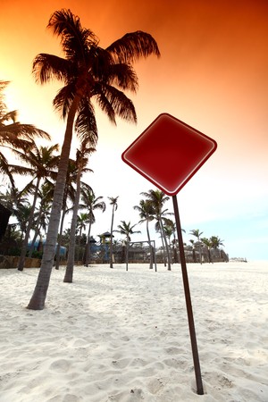 desert sign in sand under palmの写真素材