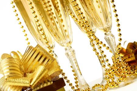 holiday card golden champagne and giftの写真素材