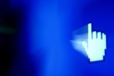 finger corsor on blue pixel screenの写真素材