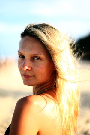 girl portrait close up ocean on backgroundの写真素材