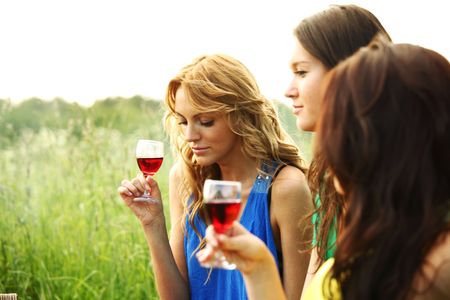 women drink wine on piknicの写真素材