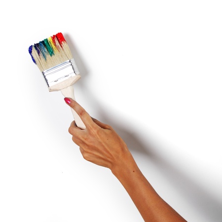 rainbow paint on the white wallの写真素材