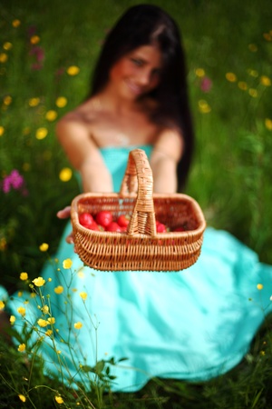 sweet strawberry in woman handsの写真素材