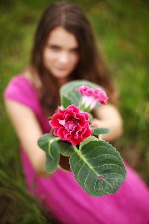 flower in woman hands close upの写真素材