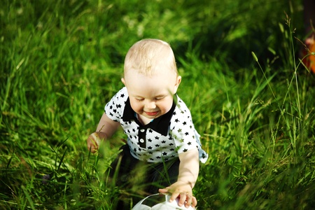  picnic on green grass boy and basketの写真素材