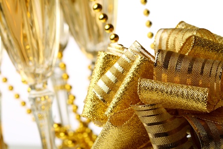 holiday card golden champagne and giftの写真素材
